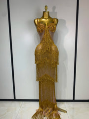 Gold rhinestone strap maxi dress with fringe