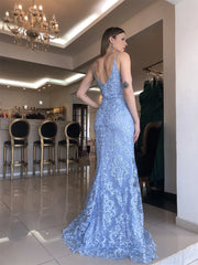 Baby Blue Mermaid Prom Dress Lace Embroidery Fishtail Side Split Dress