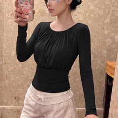 Boat Neck Long Sleeve Draped Back Tie-Up Top
