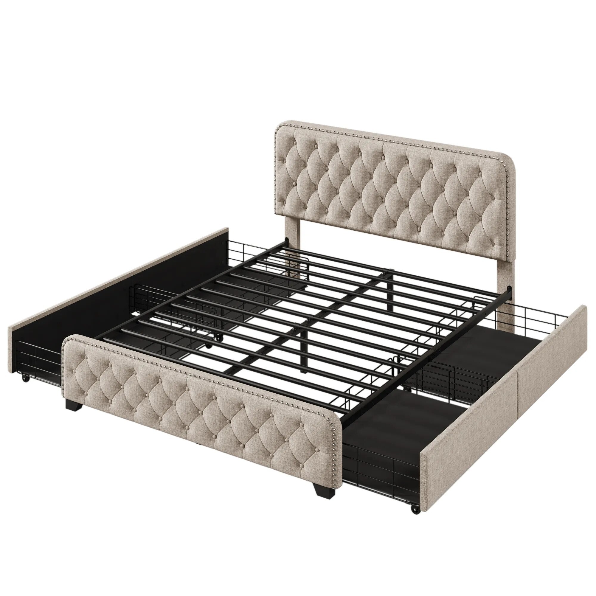 Four Drawers Button Tufted Headboard Footboard Metal Bed Frame