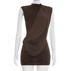 Draped Mock Neck Open Back Mini Dress