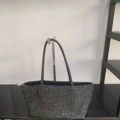 Black crystal-embellished tote bag with chain straps