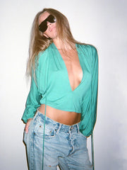 Tie Neck Slit Long Sleeve Blouse