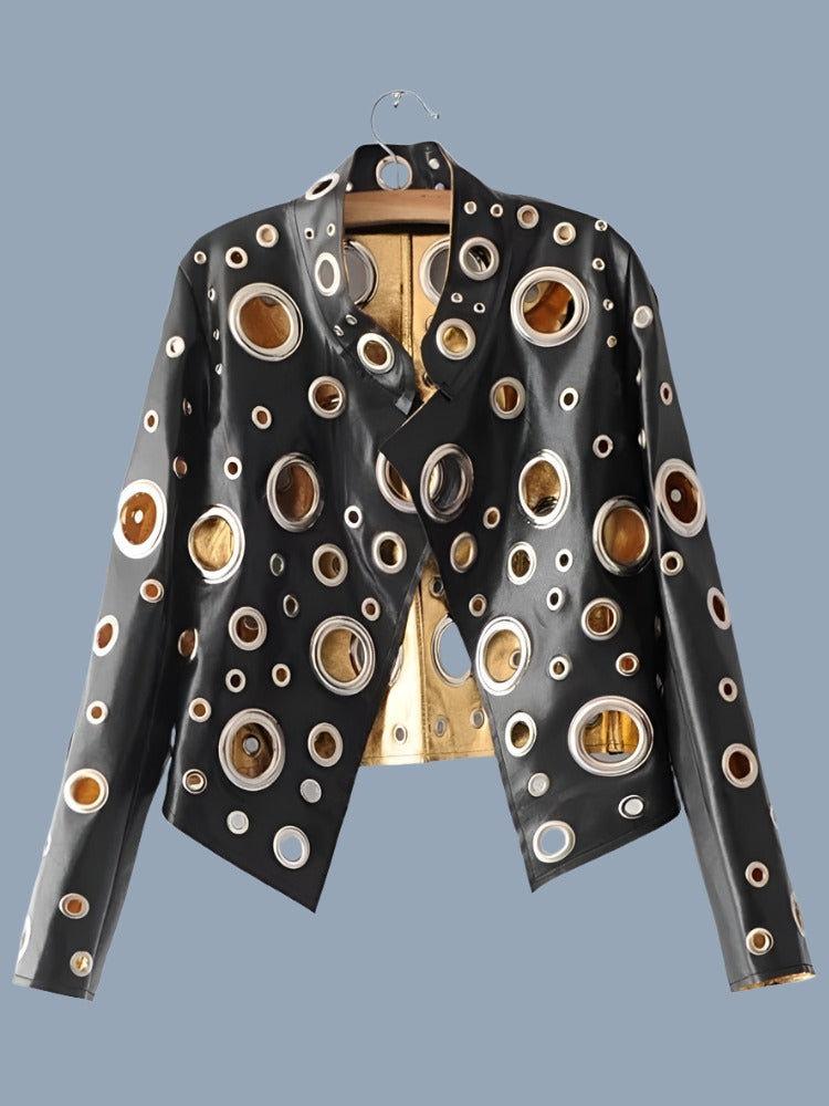 Cut Out Short Faux Leather Golden Rivet Women Jacket