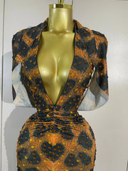 Leopard Print Embellished V-Neck Gown