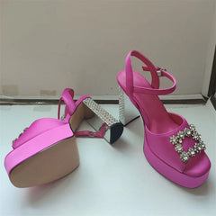 Satin Platform Crystal Embellishment Block Heels