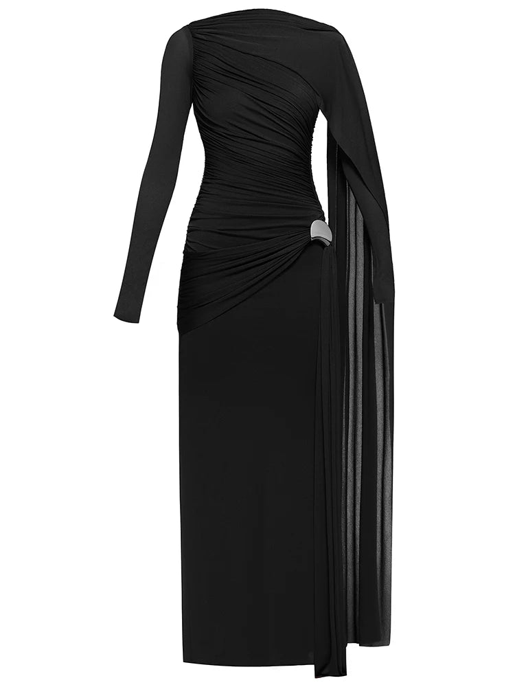 Black draped dress with long sleeves on a white background