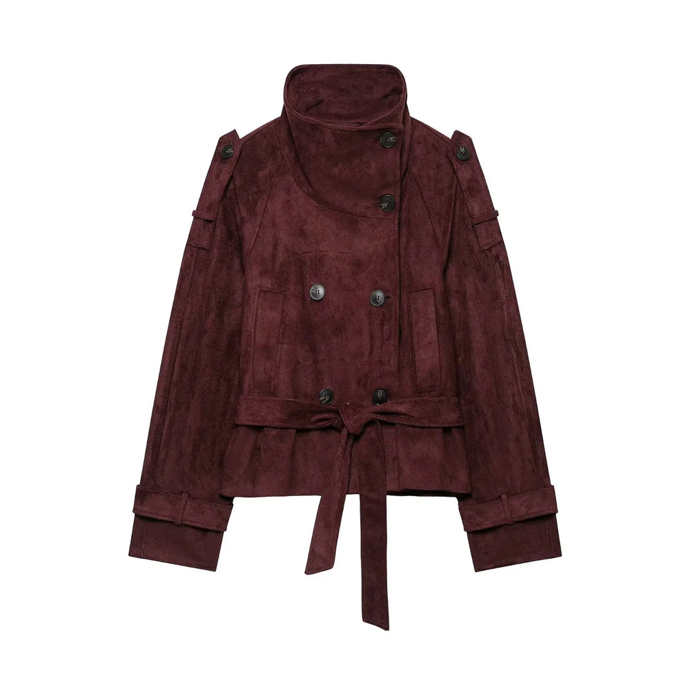 Faux Suede High Neck Cropped Jacket - Front View