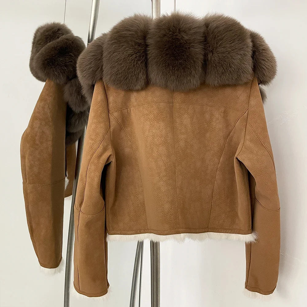 Brown leather jacket with fur collar on a white background