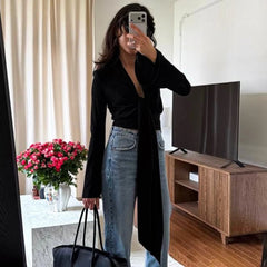 Long V-Neck Bell Sleeve Wrap Top