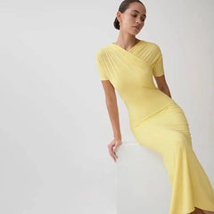 Ruched Cross Neck Short Sleeve Maxi Dress