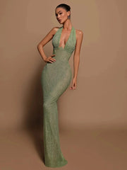 Halter Deep V Neck Green Sequined Long Dress