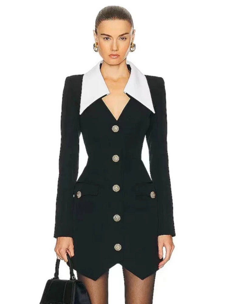 Lapel Buttons Black White Patchwork Mini Dress