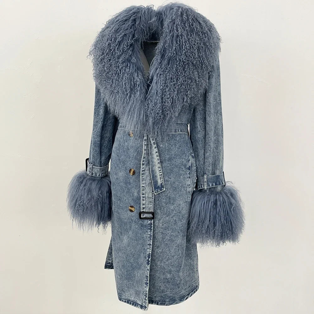 Denim coat with fur trim on a light beige background
