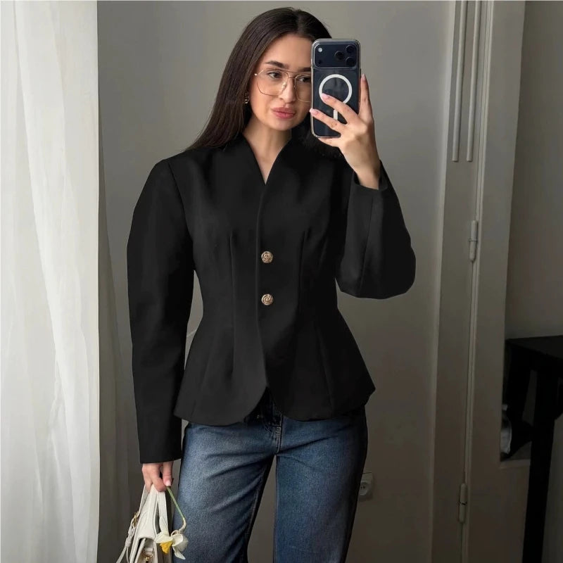 Black V-neck waist-cinching blazer