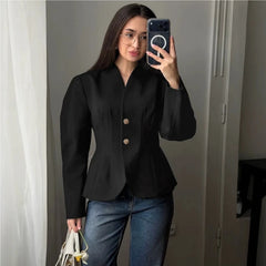 Black V-neck waist-cinching blazer
