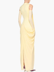 Back view of yellow sleeveless drape maxi dress
