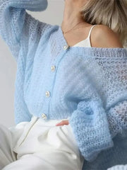 Blue Hollow Out Long Lantern Sleeve Sweater 