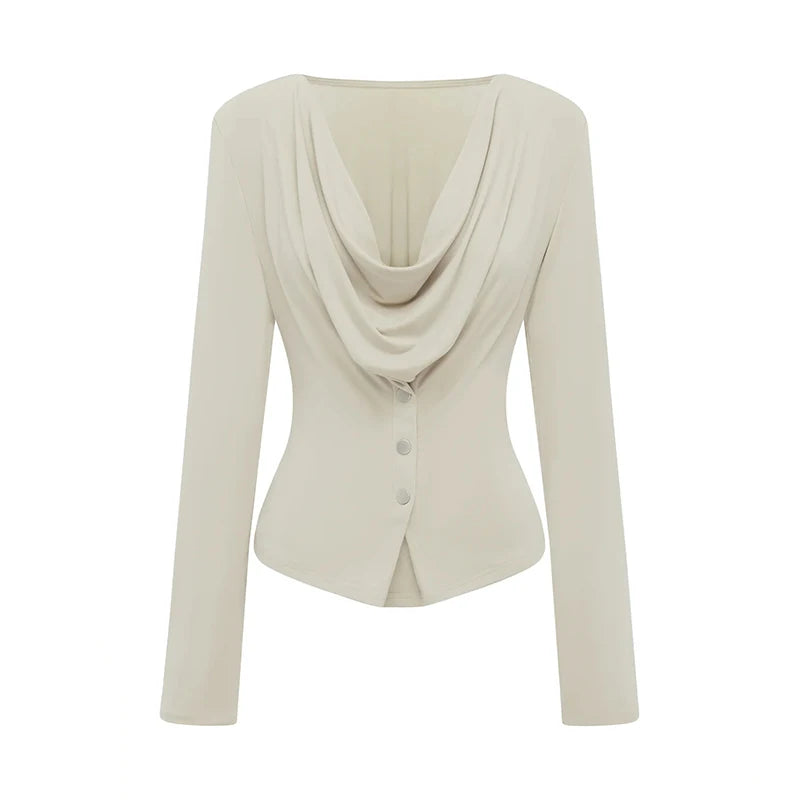 Beige long-sleeve top with a draped neckline on a white background