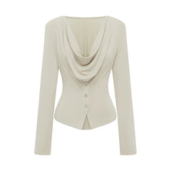 Beige long-sleeve top with a draped neckline on a white background