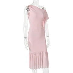 Pink Asymmetrical One Shoulder Ruffle Hem Midi Dress