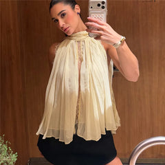 Pleated halter neck sleeveless top with lace trim detail