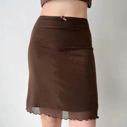 Brown mesh ruffle hem mini skirt front view