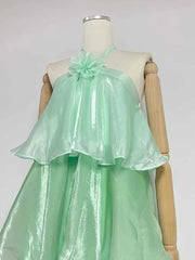 Green 3D Flower Halter Neck Tiered Maxi Dress