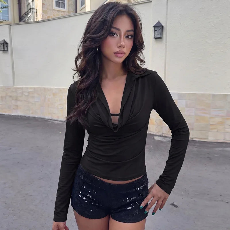 Black ruched collar long sleeve cropped top with sequin shorts