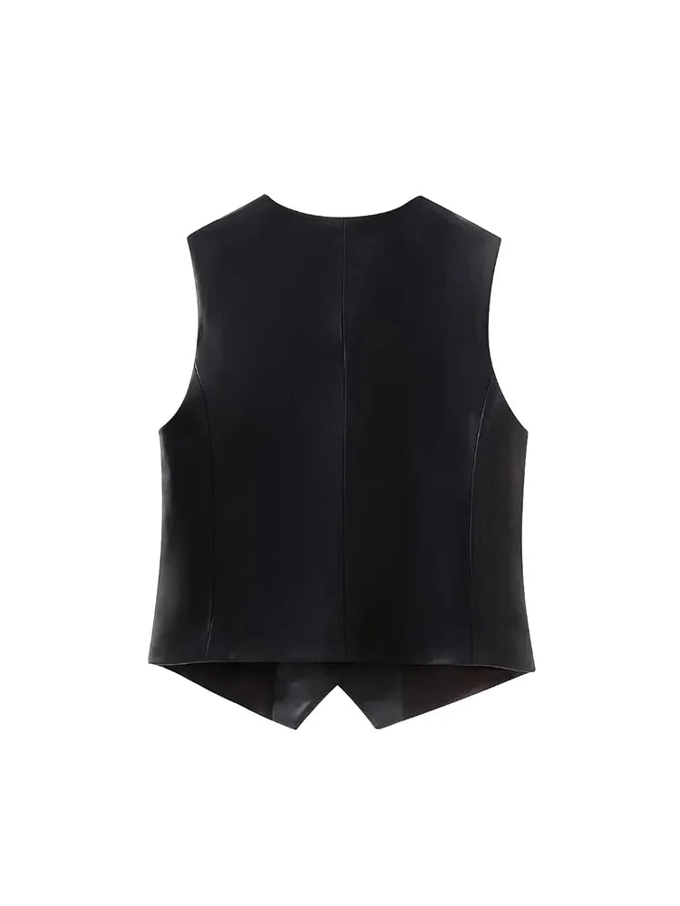 Black PU Vest Sleeveless Waistcoat Chic V-Neck Autumn Top - Golden Atelier