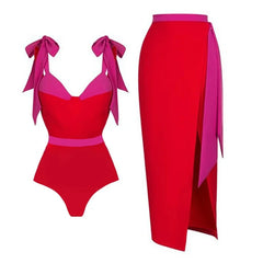 V-Neck Tie-Strap Swimsuit and Wrap Skirt Set