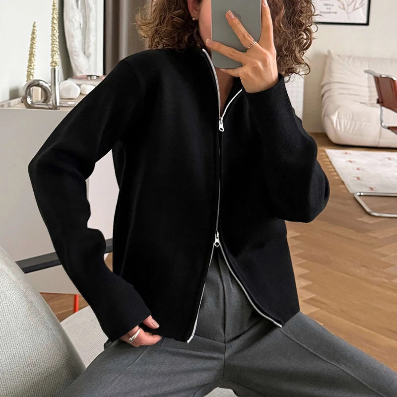 Black zip-front stand collar knit jacket