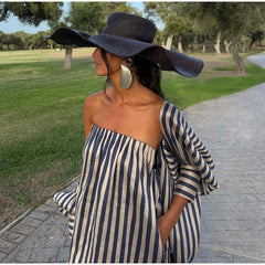 Blue Vertical Stripe Print Off Shoulder Maxi Dress