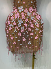Diamond Appliqued Flower See Through Mini Dress