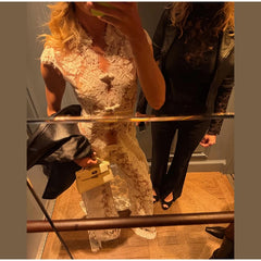 White Sleeveless Mock Neck Lace Long Slit Top And Pants Set