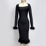 Women's Long Sleeve Feather Midi Tight Bandage Dress