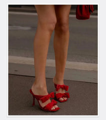 Pink Velvet Bow Stiletto Mules