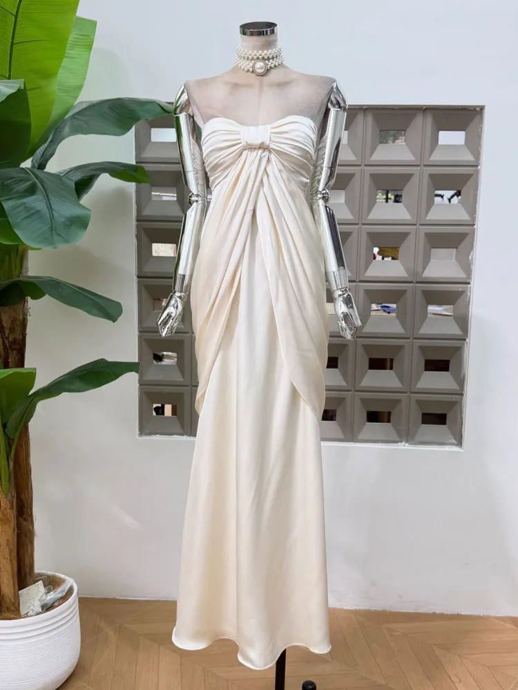 Satin ruched bodice draped maxi dress