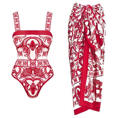 Ruffled Floral Print One-Piece Swimsuit and Maxi Skirt Set