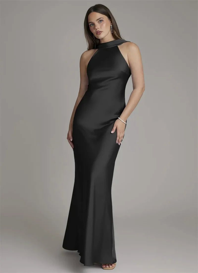 Black halter neck sleeveless satin maxi gown