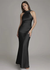 Black halter neck sleeveless satin maxi gown