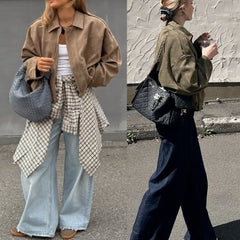 Lapel Suede Cropped Bomber Jacket