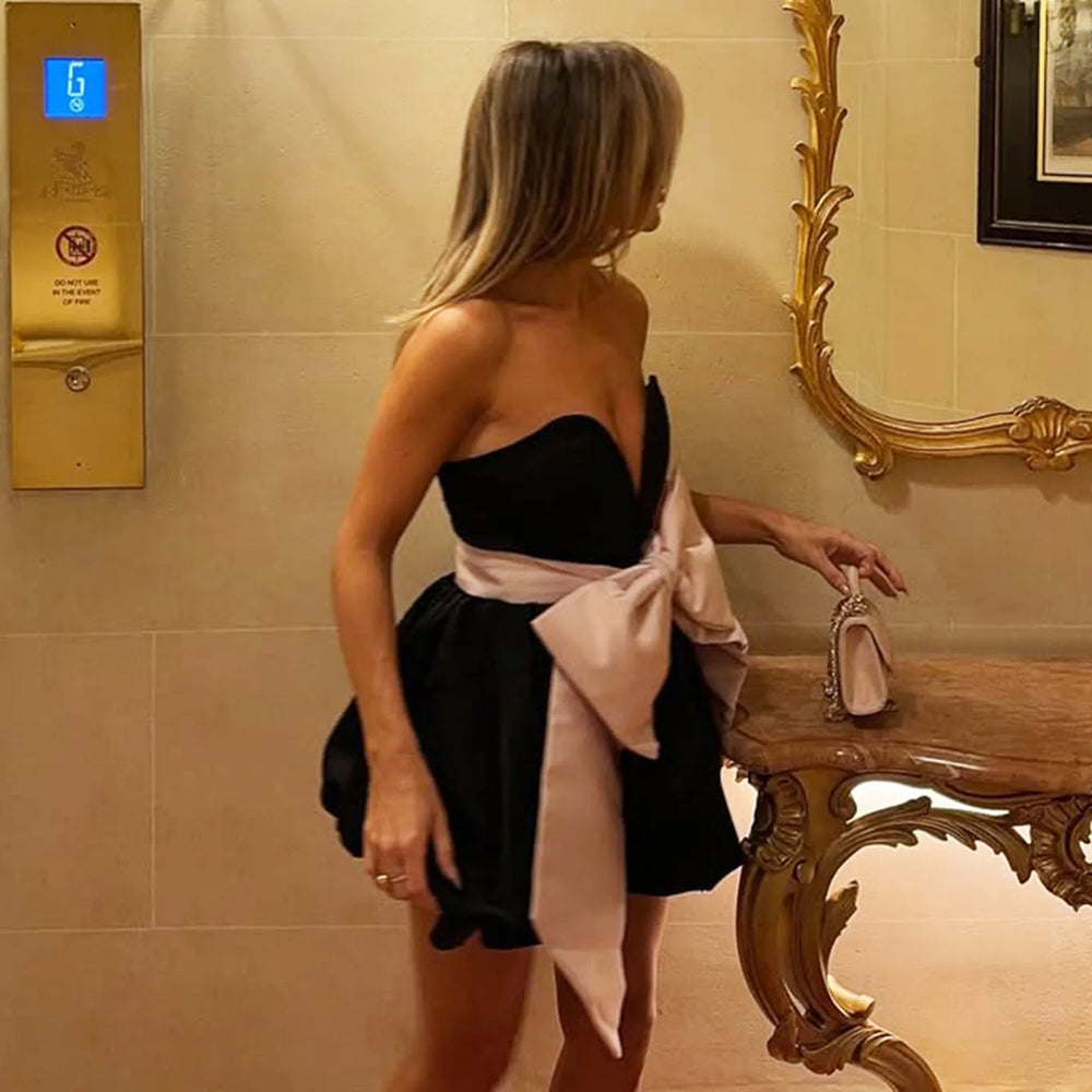 Woman in a black and pink dress standing in front of a mirror in an elegant room.