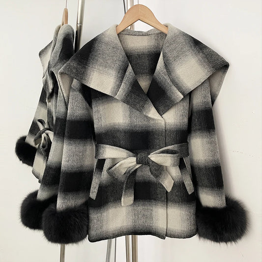 Plaid double-breasted coat with fur cuffs in Black Plaid