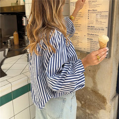 Striped Bow Tie Open Back High Neck Puff Long Sleeve Shirt