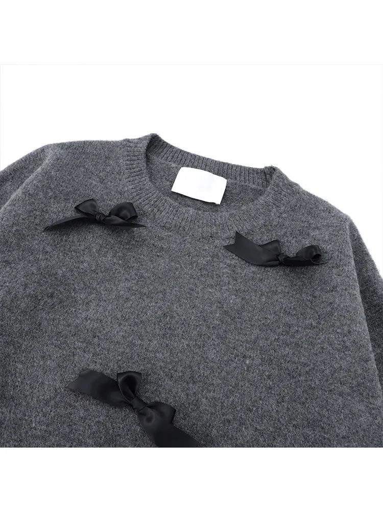 Crew-neck Solid Knitted Pullover Bow Puff Long Sleeve Knitwear