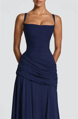 Square Neck Drape Waist Floor-Length Dress