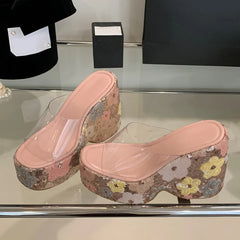 Floral Sequin Platform Wedge Sandals