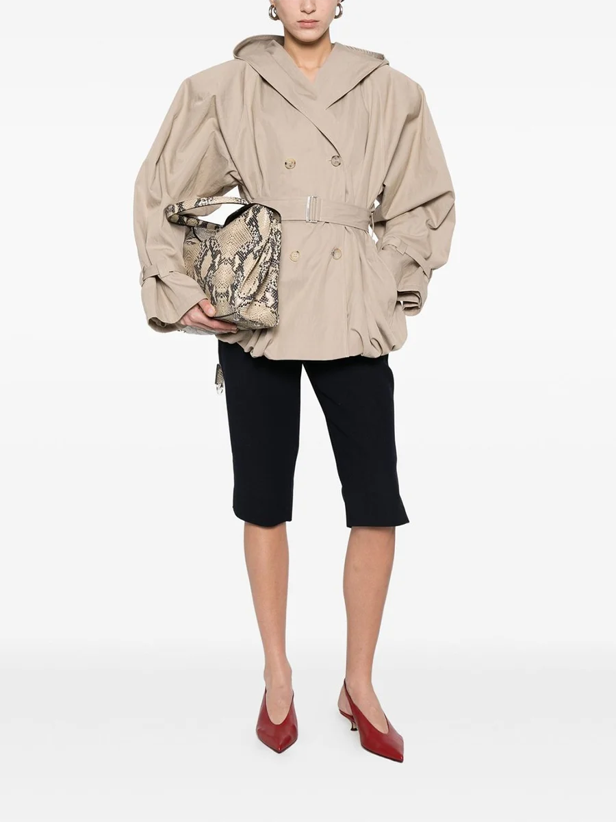 Belted hooded double-breasted coat with puff sleeves and hood detail