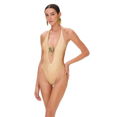 Halter Neck Plunge One-Piece Swimsuit and High-Slit Wrap Skirt Set